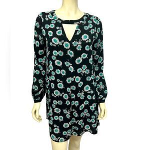 Express Flowy Long Sleeve Mini Dress Black Blue Sunflowers Flowers Floral Spring